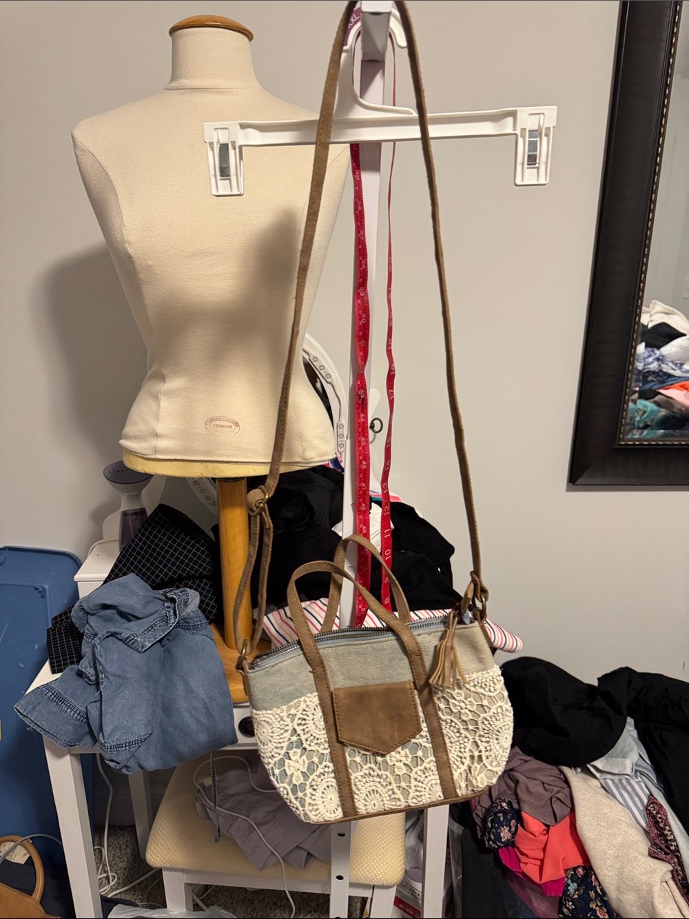 Neutral Lace Accent Crossbody Bag with Canvas and Faux Leather